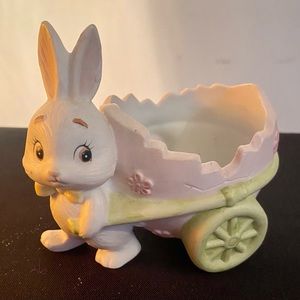 Vintage Lefton Bunny Rabbit Easter wheelbarrow broken egg Candy Trinket Dish GUC